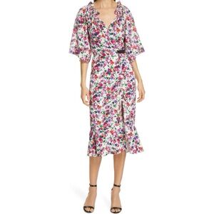 SALONI Olivia Floral Multicolor Short Sleeve Off The Shoulder Silk Midi Dress